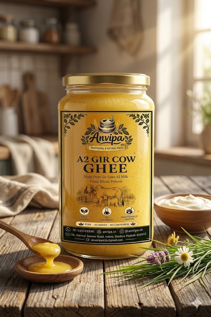 A premium glass jar of Anvipa chemical-free Pure A2 Gir Cow Ghee showing its rich granular golden texture on a rustic wooden table.
