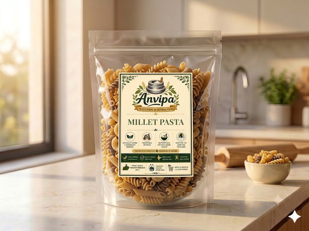 A premium pouch of Anvipa chemical-free Natural Mix Millet Pasta beside a small ceramic bowl showing dry, rustic golden-brown macaroni shapes.