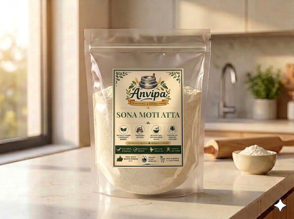 A premium pouch of Anvipa chemical-free Sona Moti Atta alongside a wooden bowl of round golden wheat grains, representing stone milled low GI flour.