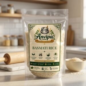 A premium pouch of Anvipa chemical-free Premium Basmati Rice alongside a small bowl of dry, extra-long raw aged grains, showing pure basmati.