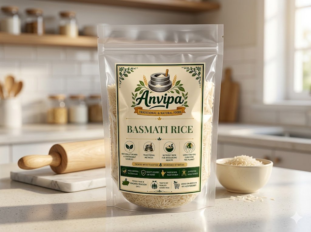 A premium pouch of Anvipa chemical-free Premium Basmati Rice alongside a small bowl of dry, extra-long raw aged grains, showing pure basmati.