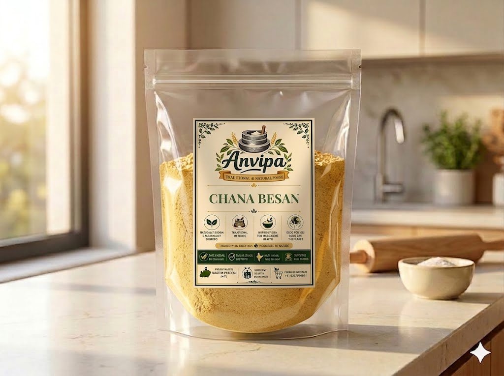 Anvipa pure Chana Besan packaging pouch alongside a pile of unpolished Bengal Gram pulses, representing chemical-free cold stone milled gram flour.