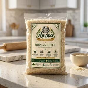 A premium pouch of Anvipa chemical-free Premium Biryani Basmati Rice alongside a plate of uncooked, raw extra-long aged slender grains.