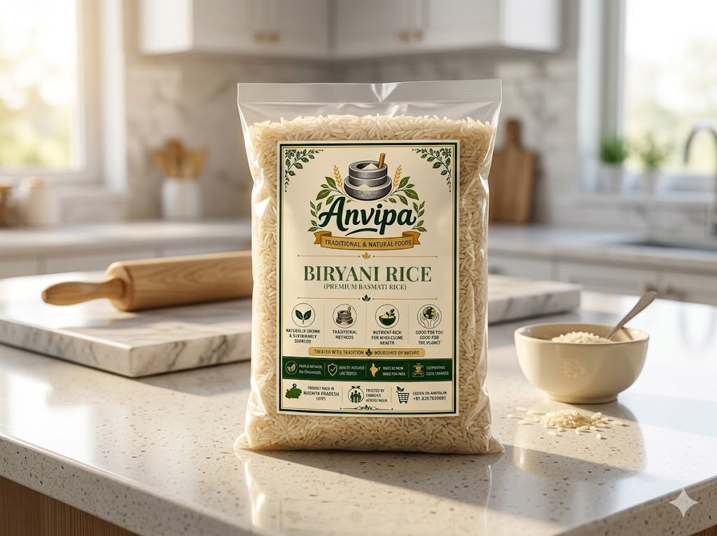 A premium pouch of Anvipa chemical-free Premium Biryani Basmati Rice alongside a plate of uncooked, raw extra-long aged slender grains.