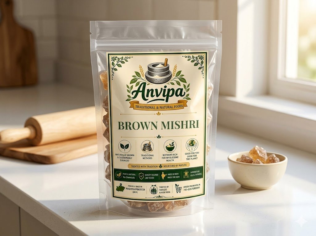 A premium pouch of Anvipa chemical-free Natural Brown Mishri alongside a bowl of unrefined raw amber rock sugar crystals, showing khandsari mishri.