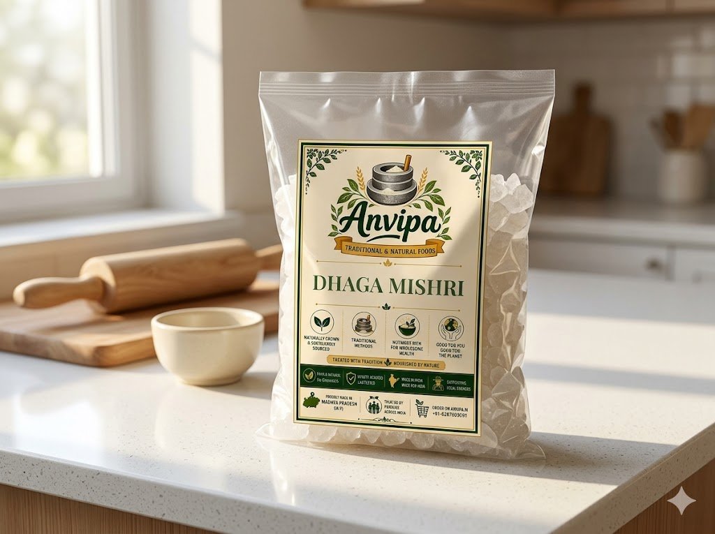 A premium pouch of Anvipa chemical-free White Dhaga Mishri showcasing unrefined rock sugar crystals formed around a traditional cotton thread.