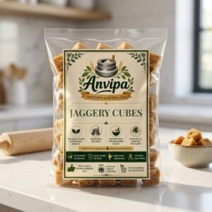 A premium pouch of Anvipa chemical-free Natural Jaggery Cubes alongside a few neatly stacked unrefined dark amber gud cubes on a rustic surface.