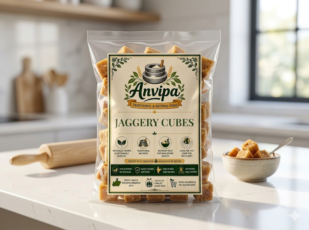 A premium pouch of Anvipa chemical-free Natural Jaggery Cubes alongside a few neatly stacked unrefined dark amber gud cubes on a rustic surface.