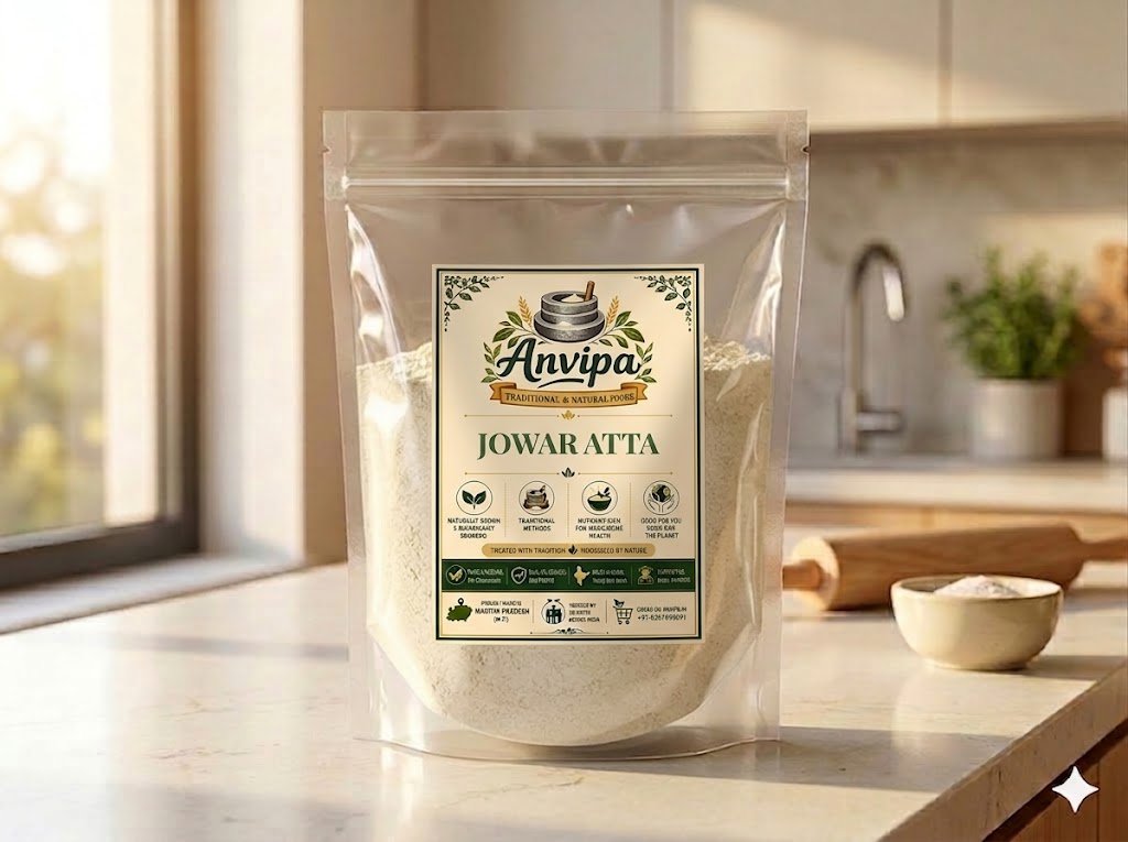 A premium pack of Anvipa chemical-free Jowar Atta with raw sorghum grains scattered on a rustic background, highlighting traditional stone milled gluten-free millet flour.