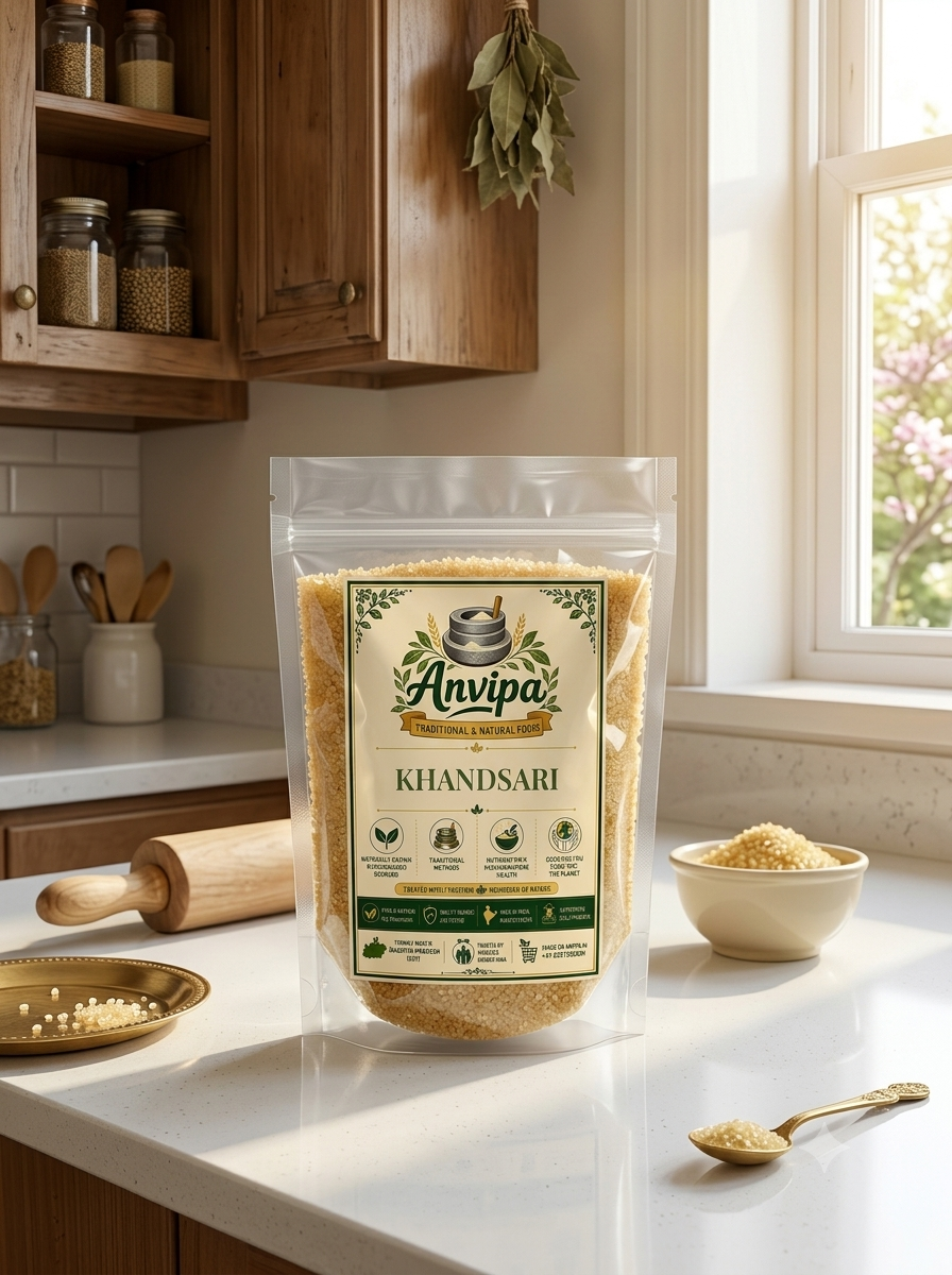 A premium pouch of Anvipa chemical-free Khandsari Sugar alongside a bowl of unrefined golden sugar crystals, showing natural sugarcane sugar.