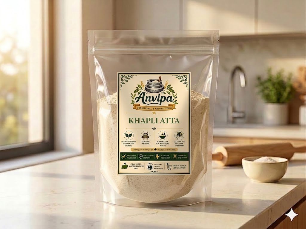 Anvipa ancient Khapli Atta package displayed with whole Emmer wheat grains, showcasing unadulterated cold stone ground flour for gentle digestion.