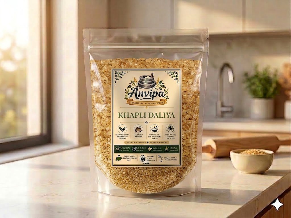A premium pouch of Anvipa chemical-free Khapli Daliya next to a rustic bowl of raw broken emmer wheat, showing clean natural breakfast grains.