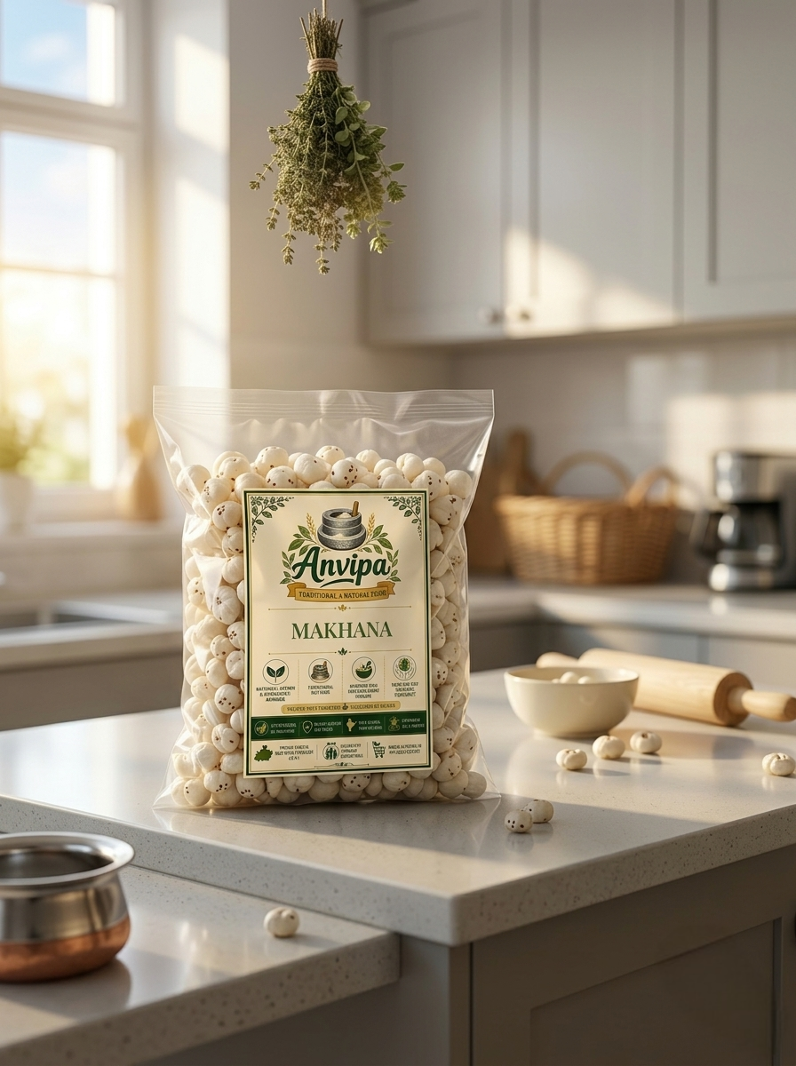 A premium pouch of Anvipa chemical-free Pure Fox Nuts Makhana beside a small bowl of raw, crispy white phool makhana puffs.