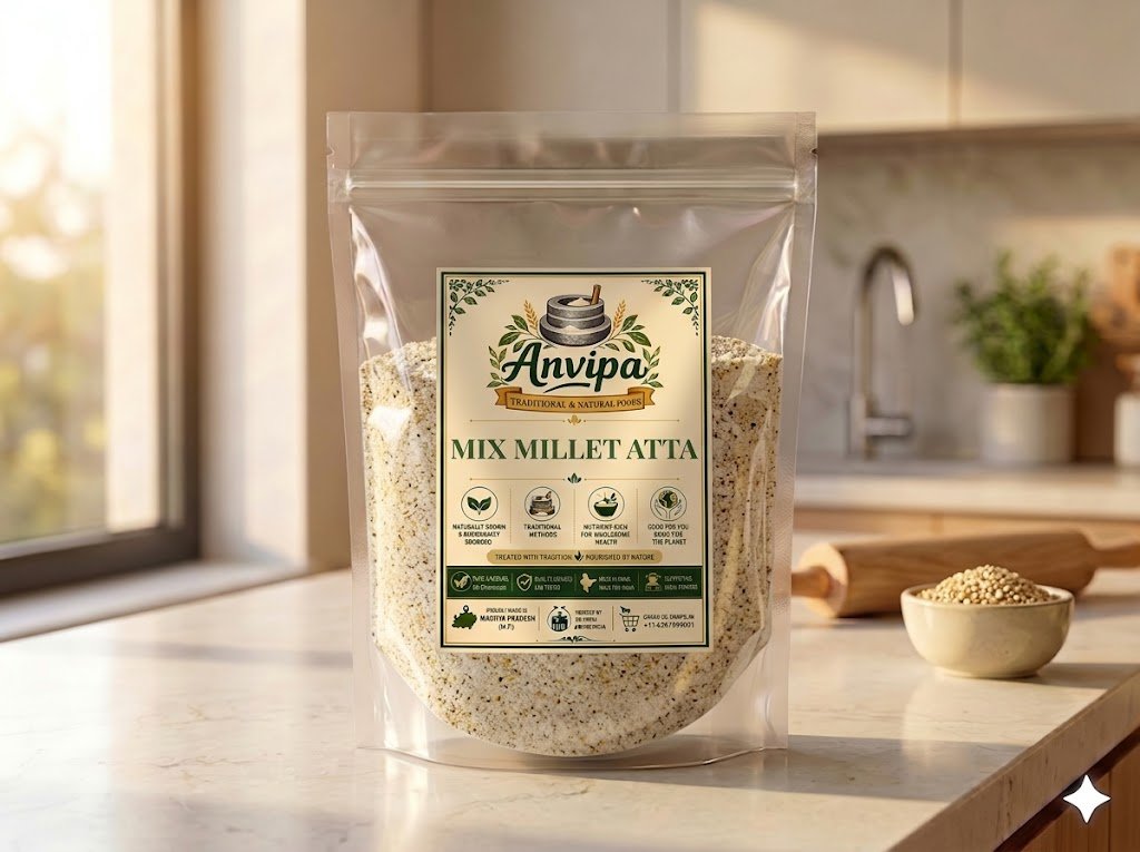A premium pouch of Anvipa chemical-free Mix Millet Atta displayed alongside diverse raw millets, representing stone milled multi millet flour.
