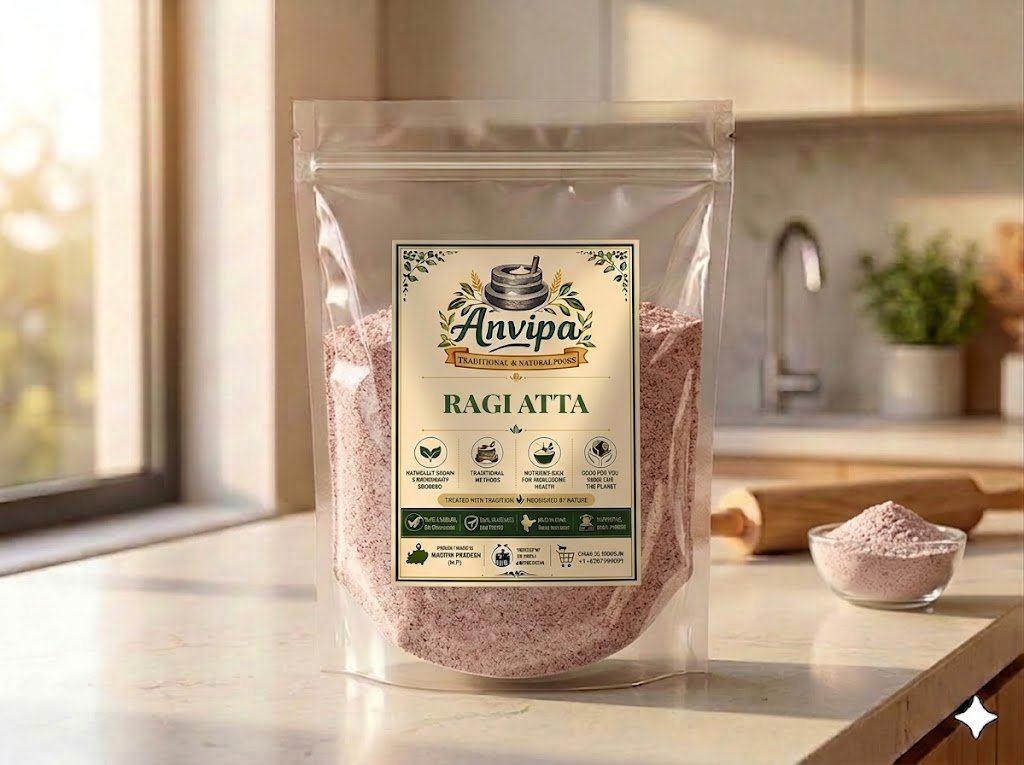 A premium pouch of Anvipa chemical-free Ragi Atta displayed next to raw reddish finger millet grains, showing stone milled gluten-free flour.