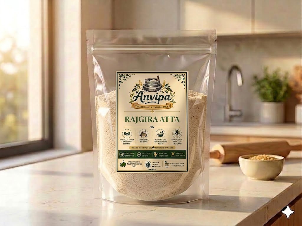 A premium pouch of Anvipa chemical-free Rajgira Atta displayed next to raw amaranth seeds, showing stone milled gluten-free flour.