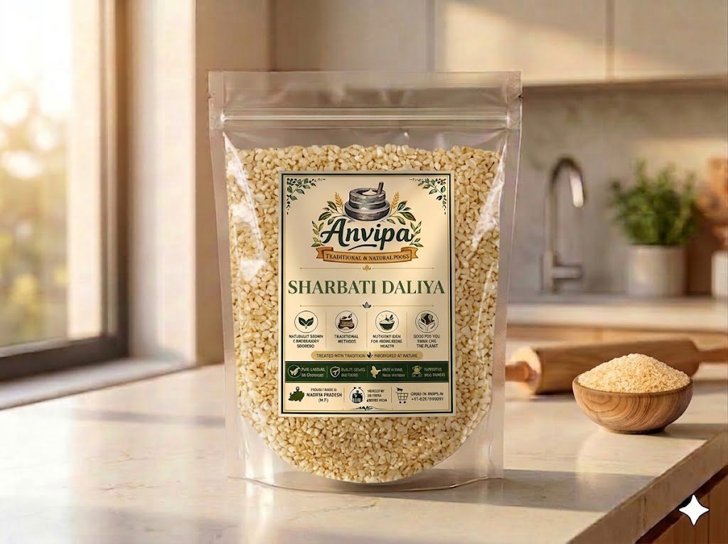 A premium pouch of Anvipa chemical-free Sharbati Daliya next to a rustic bowl of raw broken wheat grains, showing clean natural breakfast porridge.
