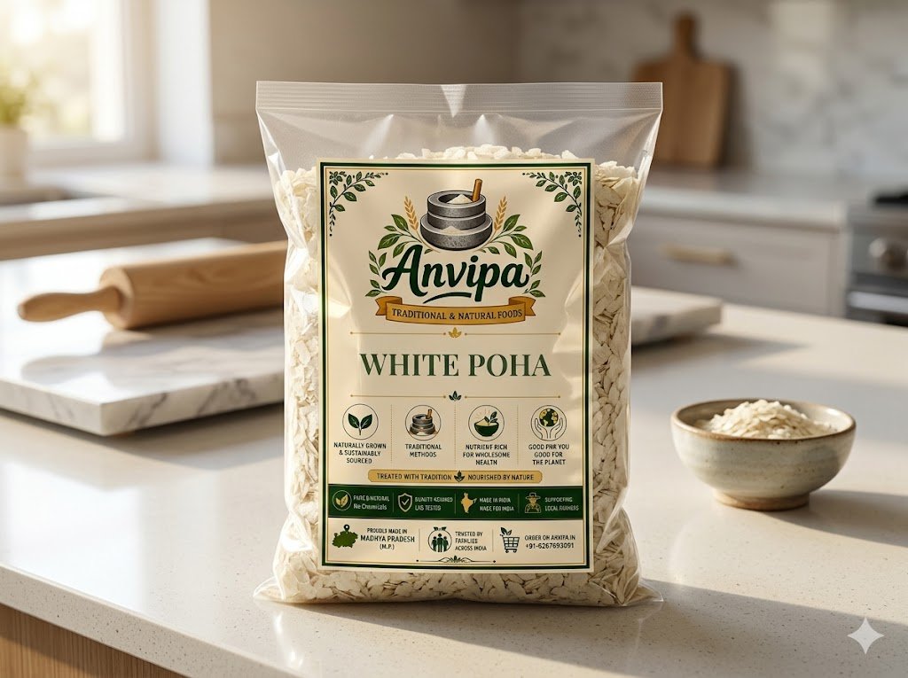 A premium pouch of Anvipa chemical-free Pure White Poha beside a small wooden bowl filled with dry, thick, and rustic off-white flattened rice flakes.
