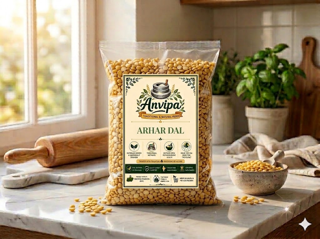 A premium pouch of Anvipa chemical-free Pure Toor Dal beside a small bowl showing clean, raw, and unpolished yellow split pigeon peas.
