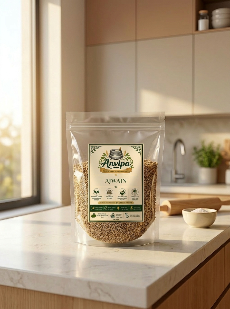 A premium pouch of Anvipa chemical-free Pure Ajwain Seeds beside a small terracotta bowl filled with raw, tiny, and aromatic whole carom seeds.