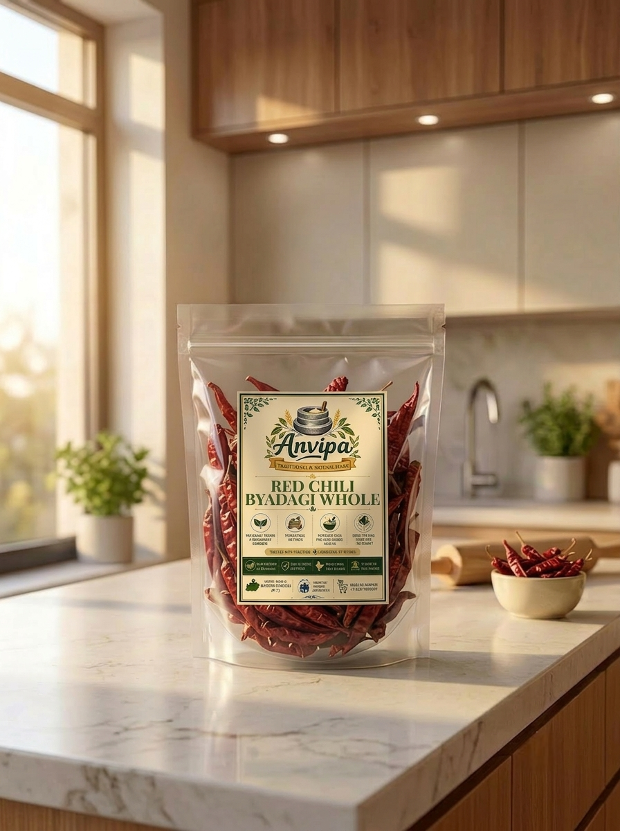 A premium pouch of Anvipa chemical-free Pure Whole Byadagi Red Chilli beside a small bowl filled with sun-dried, deeply crinkled crimson whole red chilli pods.