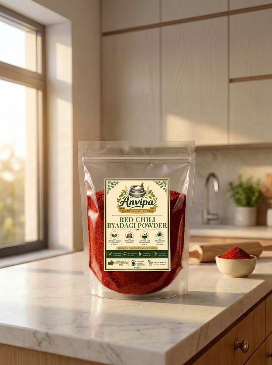 A premium pouch of Anvipa chemical-free Pure Byadagi Red Chilli Powder beside a small terracotta bowl filled with cold ground deep crimson-red lal mirch.