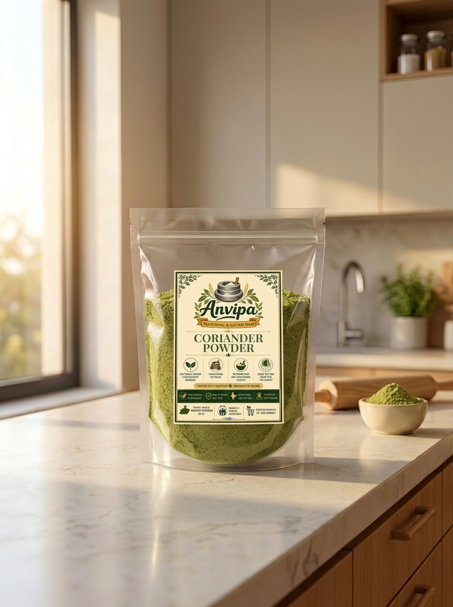A premium pouch of Anvipa chemical-free Pure Coriander Powder beside a small wooden bowl filled with cold ground pale-golden dhania powder.