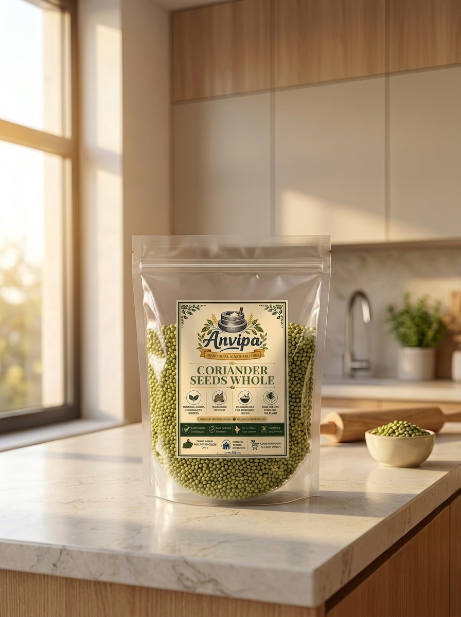A premium pouch of Anvipa chemical-free Pure Coriander Seeds beside a small terracotta bowl filled with raw, golden-brown whole sabut dhania.