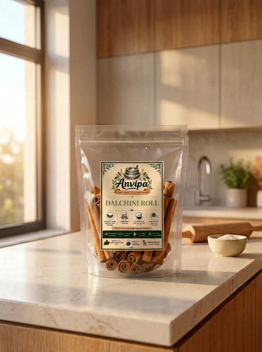A premium pouch of Anvipa chemical-free Pure Ceylon Cinnamon Rolls beside a small wooden board displaying paper-thin, hand-rolled dalchini quills.