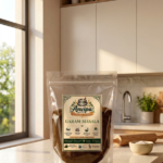A premium pouch of Anvipa chemical-free Pure Garam Masala Powder beside a small terracotta bowl showing stone ground warm brown spice mix.