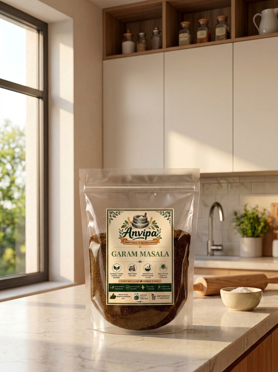 A premium pouch of Anvipa chemical-free Pure Garam Masala Powder beside a small terracotta bowl showing stone ground warm brown spice mix.