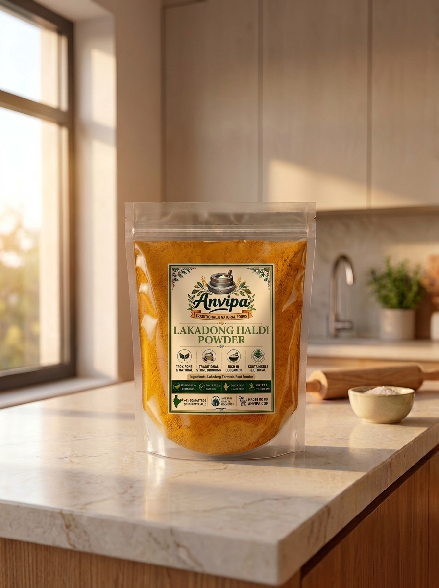 A premium pouch of Anvipa chemical-free Pure Lakadong Turmeric Powder beside a small terracotta bowl filled with cold ground bright golden-amber haldi.