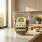 A premium pouch of Anvipa chemical-free Pure Cumin Seeds Jeera beside a small terracotta bowl filled with raw, earthy brownish-grey whole sabut jeera.