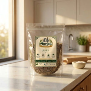 A premium pouch of Anvipa chemical-free Pure Cumin Seeds Jeera beside a small terracotta bowl filled with raw, earthy brownish-grey whole sabut jeera.