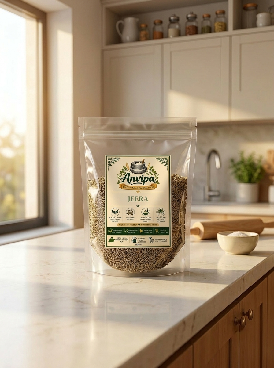 A premium pouch of Anvipa chemical-free Pure Cumin Seeds Jeera beside a small terracotta bowl filled with raw, earthy brownish-grey whole sabut jeera.