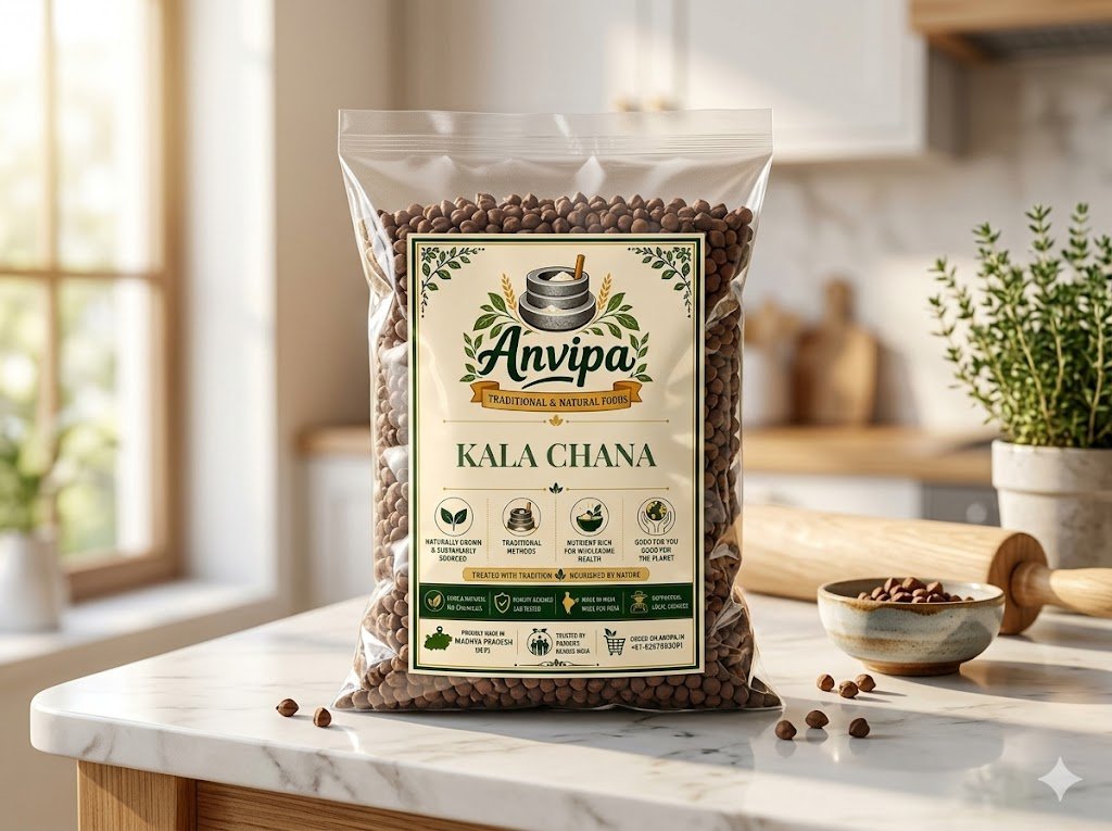 A premium pouch of Anvipa chemical-free Pure Desi Kala Chana beside a small wooden scoop showing raw, unpolished, and textured brown-black chickpeas.