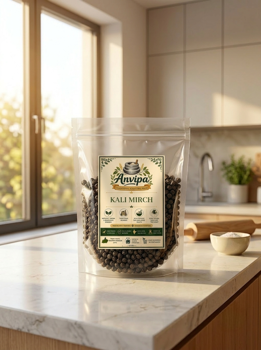 A premium pouch of Anvipa chemical-free Pure Black Pepper Kali Mirch beside a small terracotta bowl filled with raw, plump whole black peppercorns.