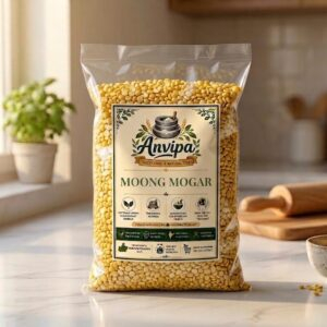 A premium pouch of Anvipa chemical-free Pure Moong Dal Mogar beside a small ceramic bowl showing clean, raw, unpolished yellow split moong dal.