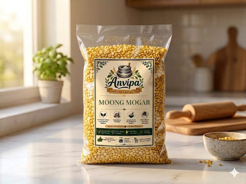 A premium pouch of Anvipa chemical-free Pure Moong Dal Mogar beside a small ceramic bowl showing clean, raw, unpolished yellow split moong dal.