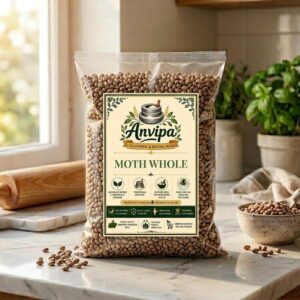 A premium pouch of Anvipa chemical-free Pure Whole Moth Dal beside a small bowl showing clean, raw, unpolished reddish-brown matki beans.