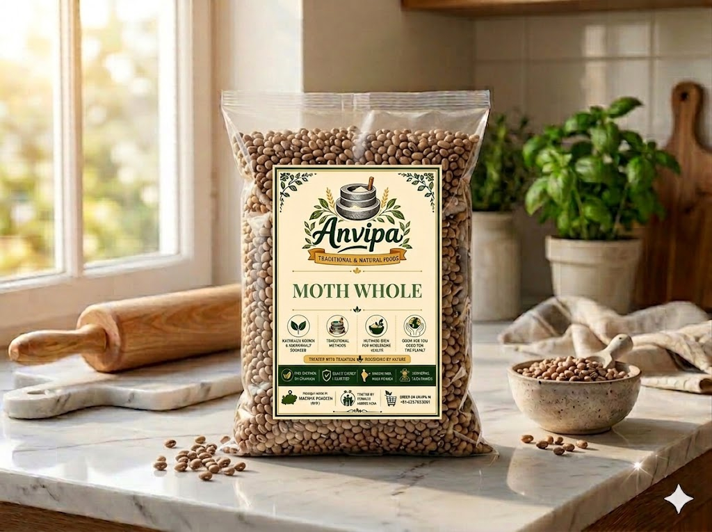 A premium pouch of Anvipa chemical-free Pure Whole Moth Dal beside a small bowl showing clean, raw, unpolished reddish-brown matki beans.
