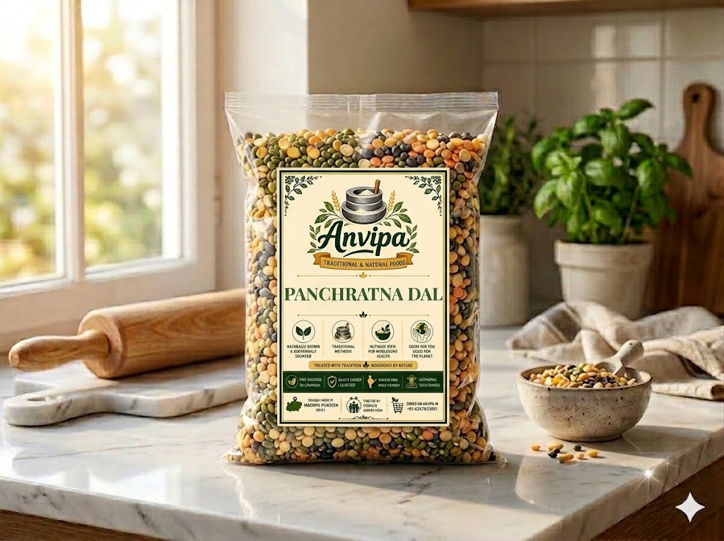 A premium pouch of Anvipa chemical-free Pure Panchratna Dal beside a small bowl showing clean, raw, unpolished 5-grain split pulse mix.
