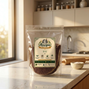 A premium pouch of Anvipa chemical-free Pure Rai Seeds Mustard beside a small terracotta bowl filled with raw, tiny reddish-brown chhoti rai seeds.