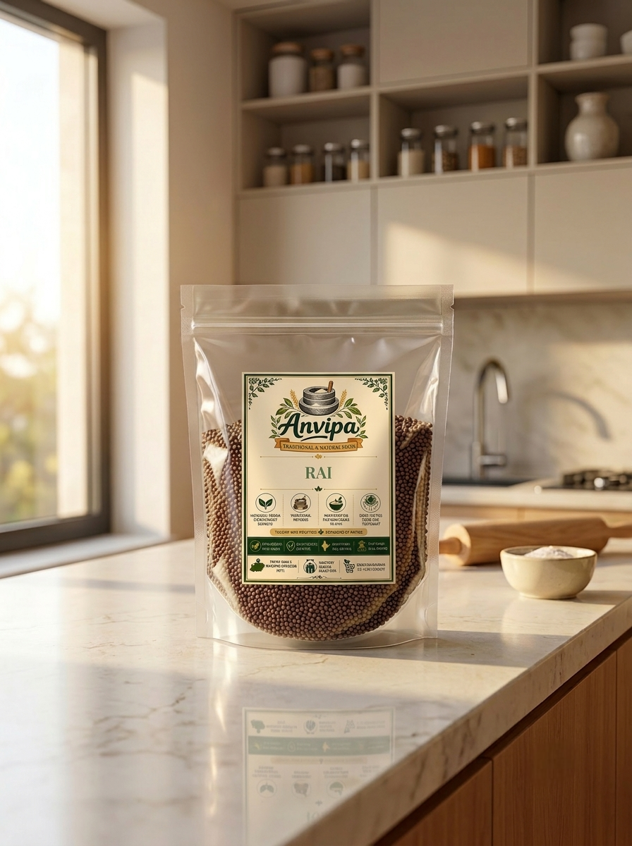 A premium pouch of Anvipa chemical-free Pure Rai Seeds Mustard beside a small terracotta bowl filled with raw, tiny reddish-brown chhoti rai seeds.