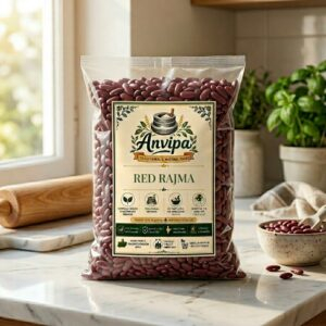 A premium pouch of Anvipa chemical-free Pure Red Rajma Capsule beside a small bowl showing clean, raw, unpolished dark red kidney beans.