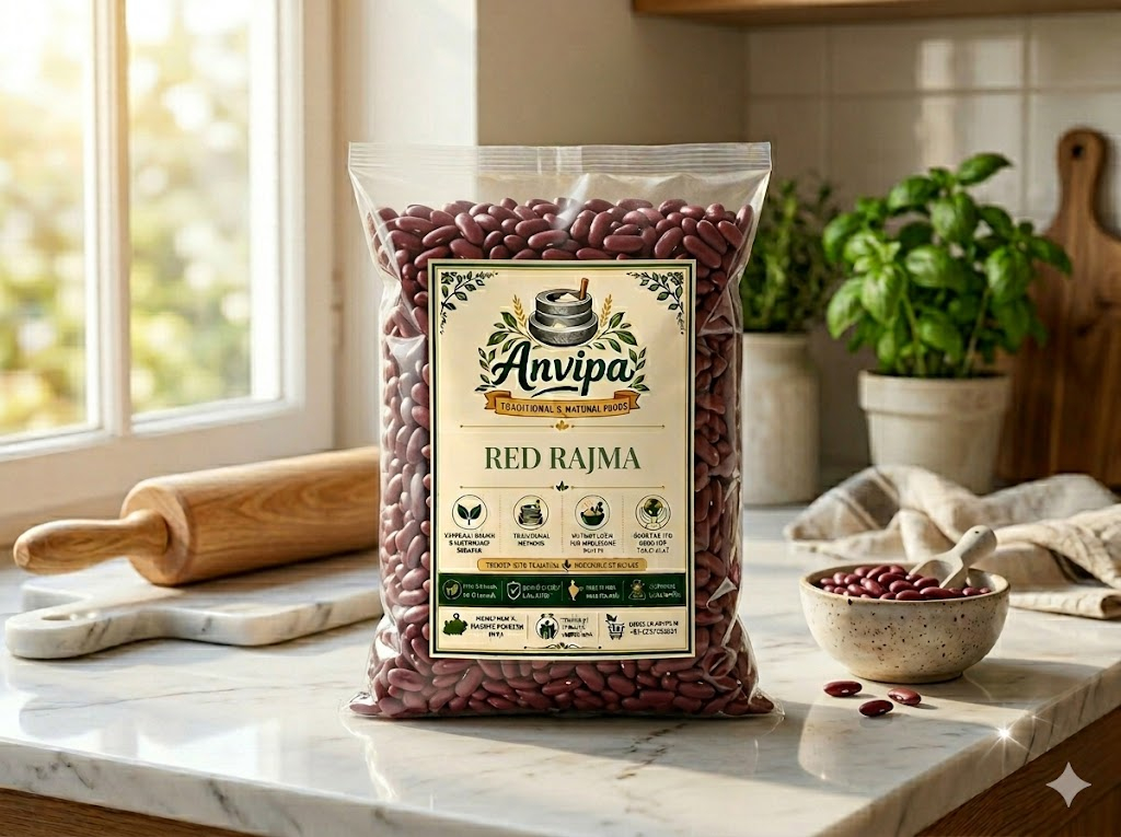 A premium pouch of Anvipa chemical-free Pure Red Rajma Capsule beside a small bowl showing clean, raw, unpolished dark red kidney beans.