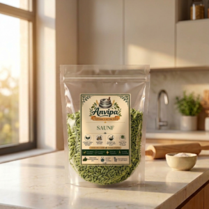 A premium pouch of Anvipa chemical-free Pure Fennel Seeds Cooking beside a small terracotta bowl filled with raw, plump, big size mota saunf.