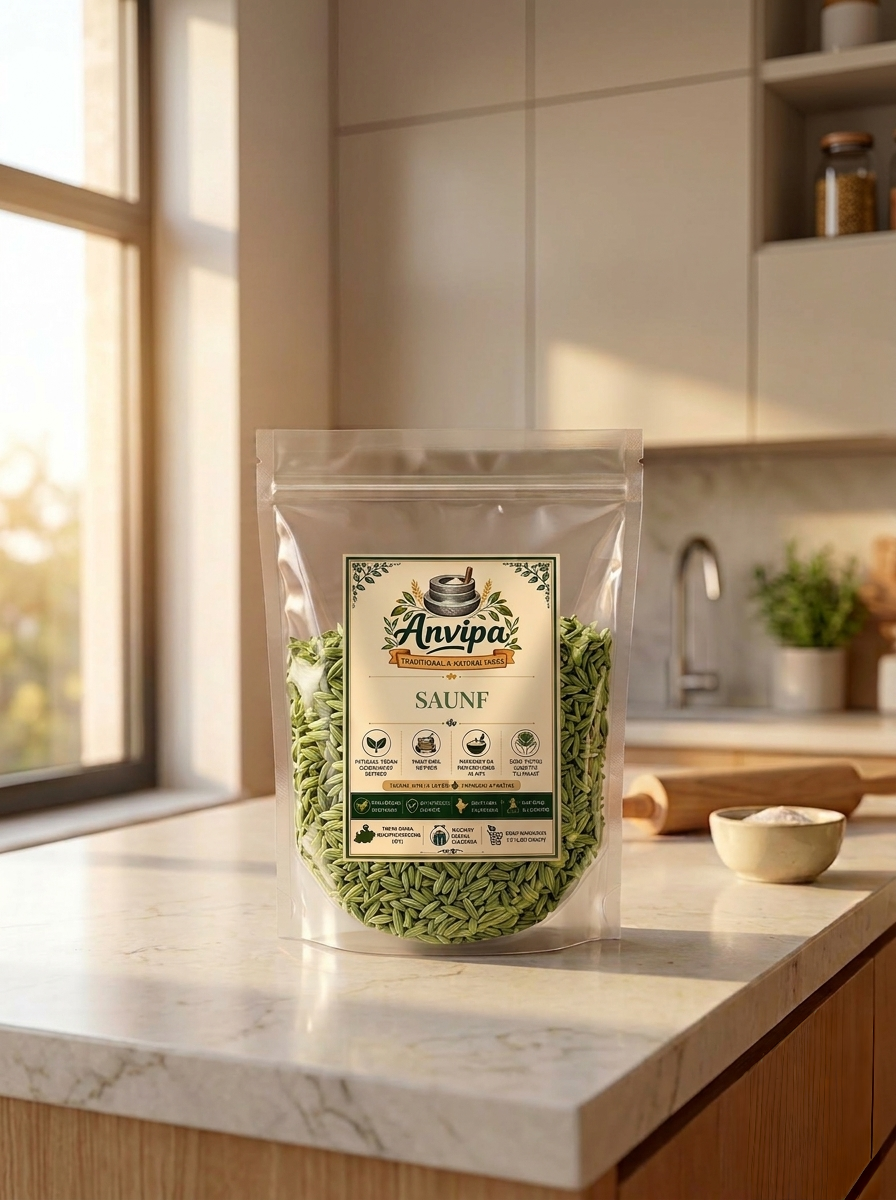 A premium pouch of Anvipa chemical-free Pure Fennel Seeds Cooking beside a small terracotta bowl filled with raw, plump, big size mota saunf.