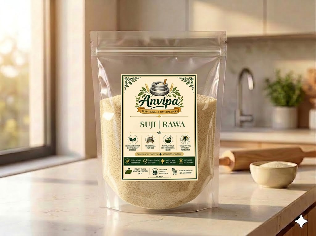 A premium pouch of Anvipa chemical-free Pure Whole Wheat Suji Rawa beside a small ceramic bowl filled with raw, golden-creamy granular wheat semolina.