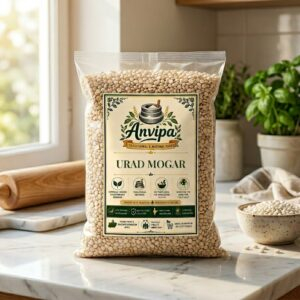 A premium pouch of Anvipa chemical-free Pure Urad Dal Mogar beside a small ceramic bowl showing clean, raw, unpolished ivory-white split urad dal.